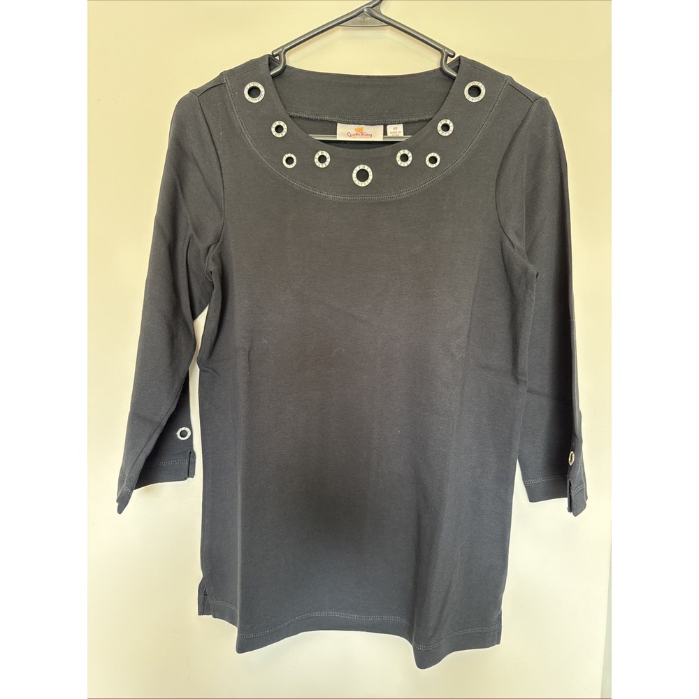 Quacker Factory QVC 3/4 Sleeve Top Black Bling Embellished Collar XS
